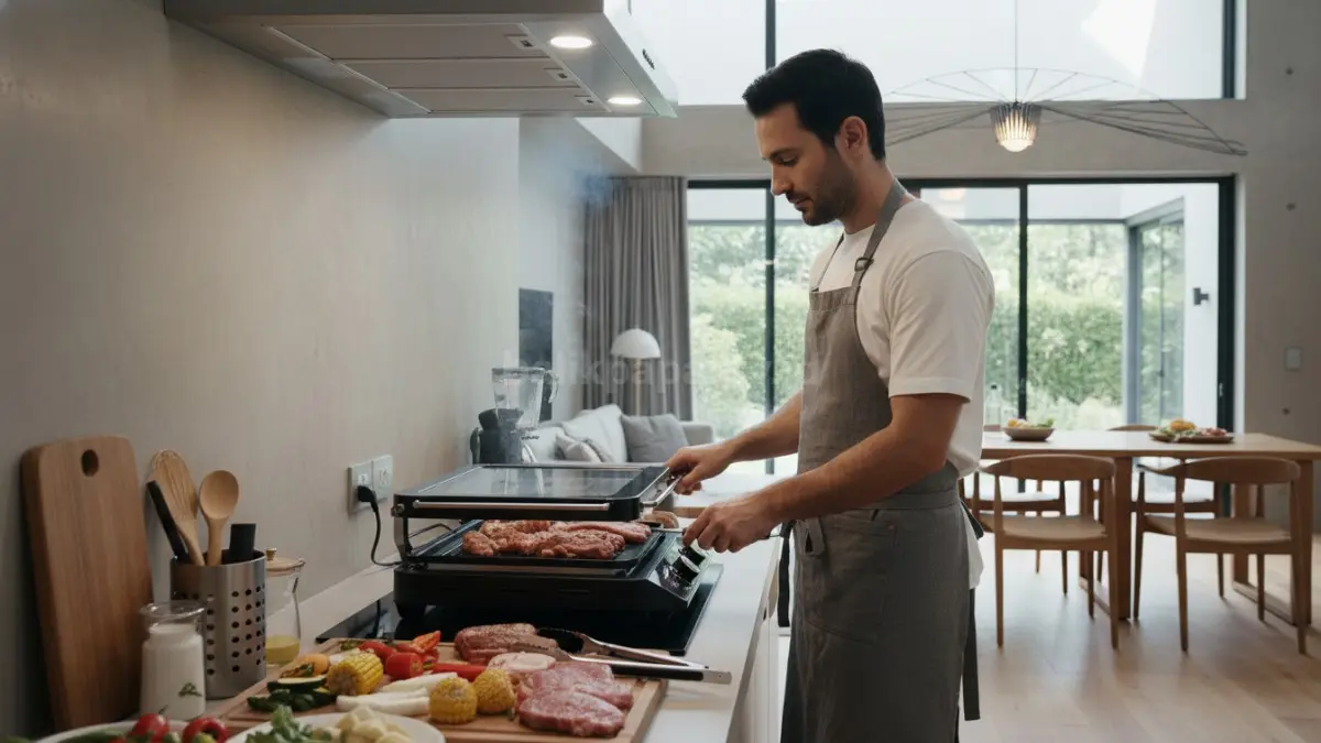 Aktivitas memanggang tanpa asap menggunakan grill listrik di dapur modern