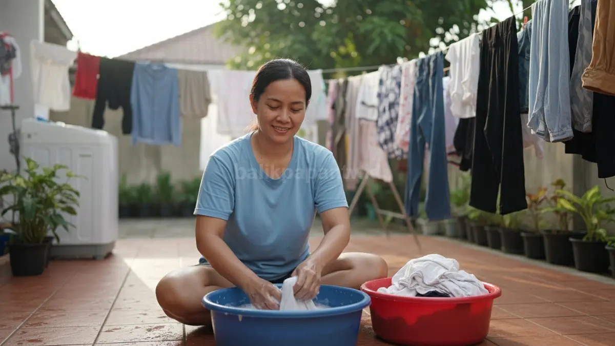 Aktivitas mencuci dan merawat pakaian di rumah agar tidak cepat rusak dan tetap nyaman dipakai.