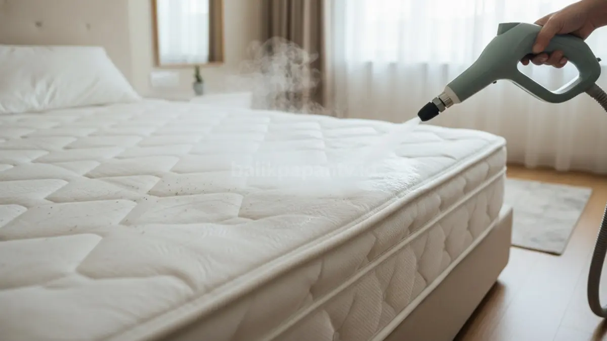 Alat steam cleaner diarahkan ke permukaan kasur, menghasilkan uap panas untuk membunuh kutu hingga ke dalam lapisan.