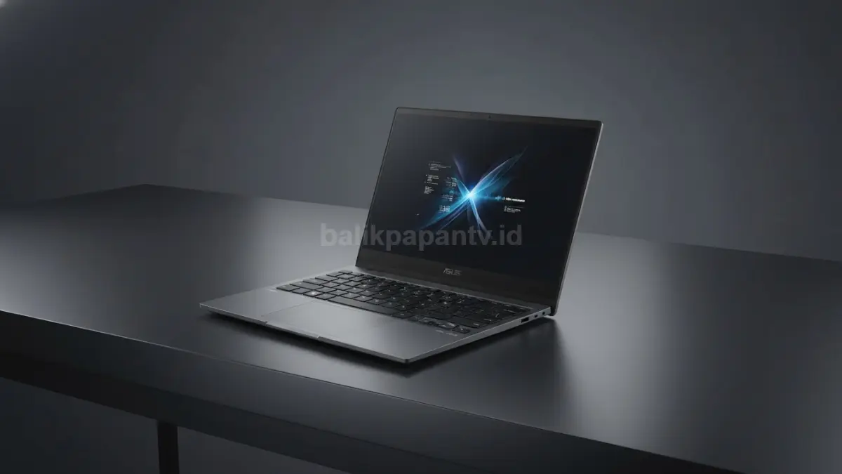 ASUS Zenbook S14 tampil elegan dengan desain tipis dan warna Basalt Gray, menggambarkan laptop premium dengan performa tinggi yang siap mendukung mobilitas kerja modern.