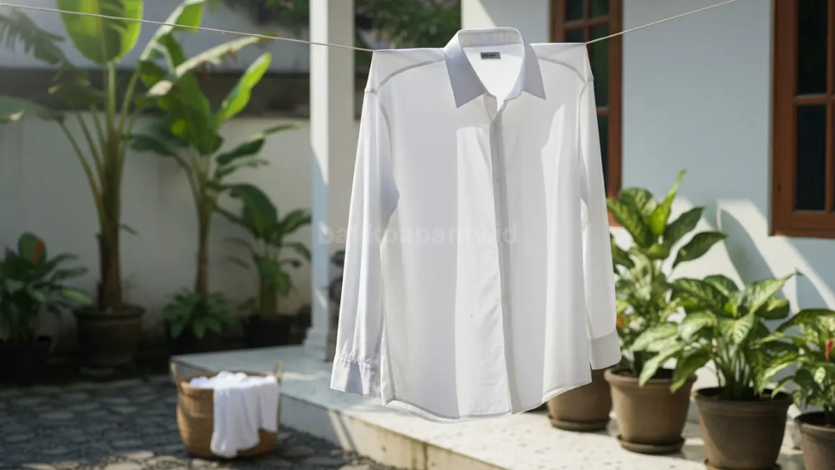Baju putih digantung rapi di bawah sinar matahari, tampak bersih dan cerah tanpa noda, menggambarkan hasil akhir perawatan yang tepat.