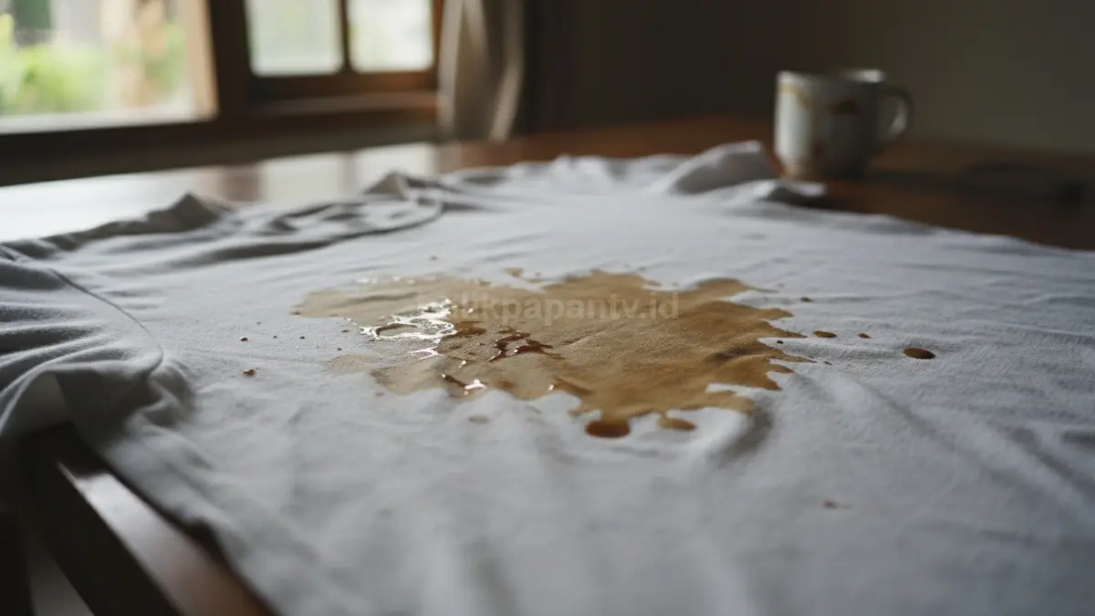 Baju putih terkena tumpahan kopi, terlihat noda cokelat di bagian depan
