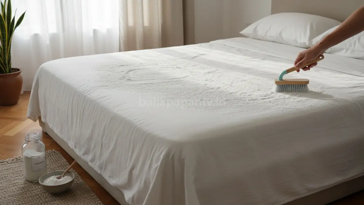 Baking soda ditaburkan merata di atas kasur sebelum dibersihkan kembali untuk membantu menyerap bau dan menjaga kasur tetap kering.