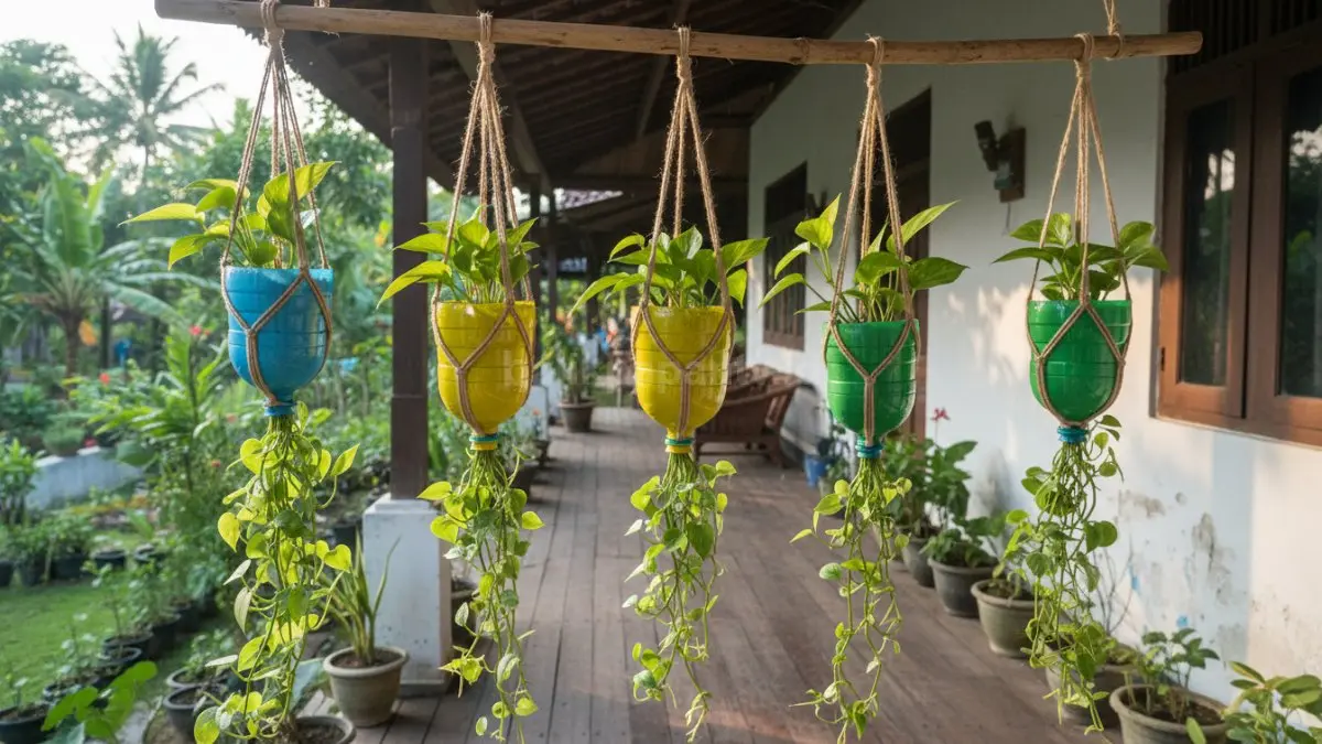 Botol plastik dipotong dan dicat, digunakan sebagai pot tanaman gantung