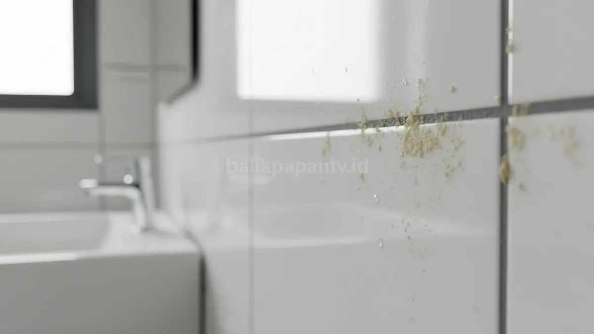 Close up kerak kuning pada keramik kamar mandi akibat air dan sabun
