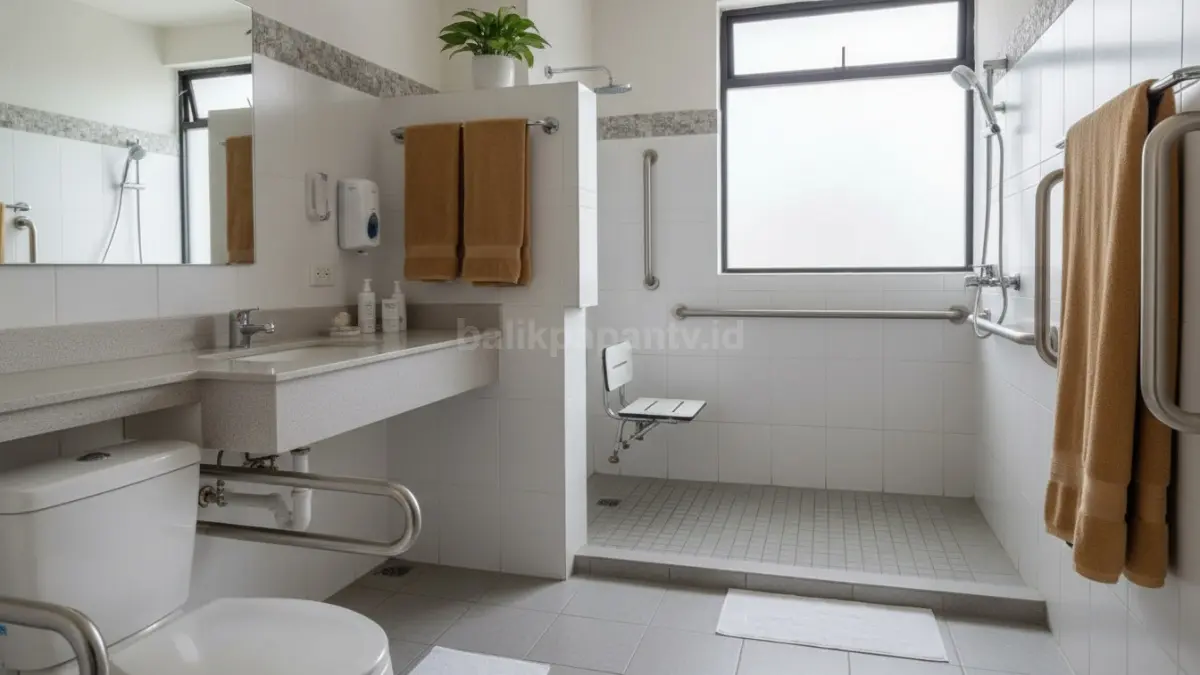Contoh kamar mandi lansia dengan pegangan tangan dan lantai anti slip