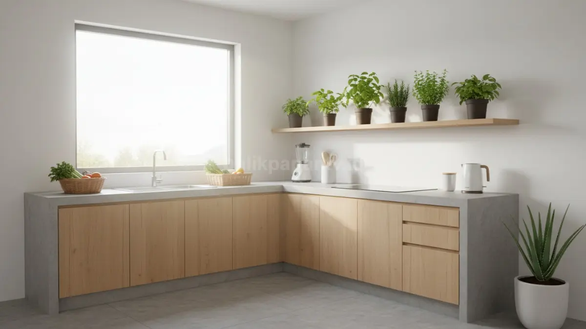 Dapur minimalis modern dengan tanaman herbal di rak, suasana segar dan fungsional untuk aktivitas masak harian