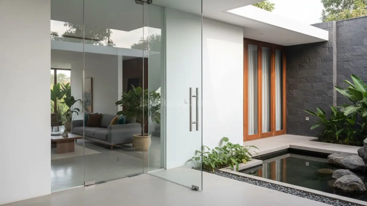 Desain pintu kaca frameless minimalis tanpa bingkai
