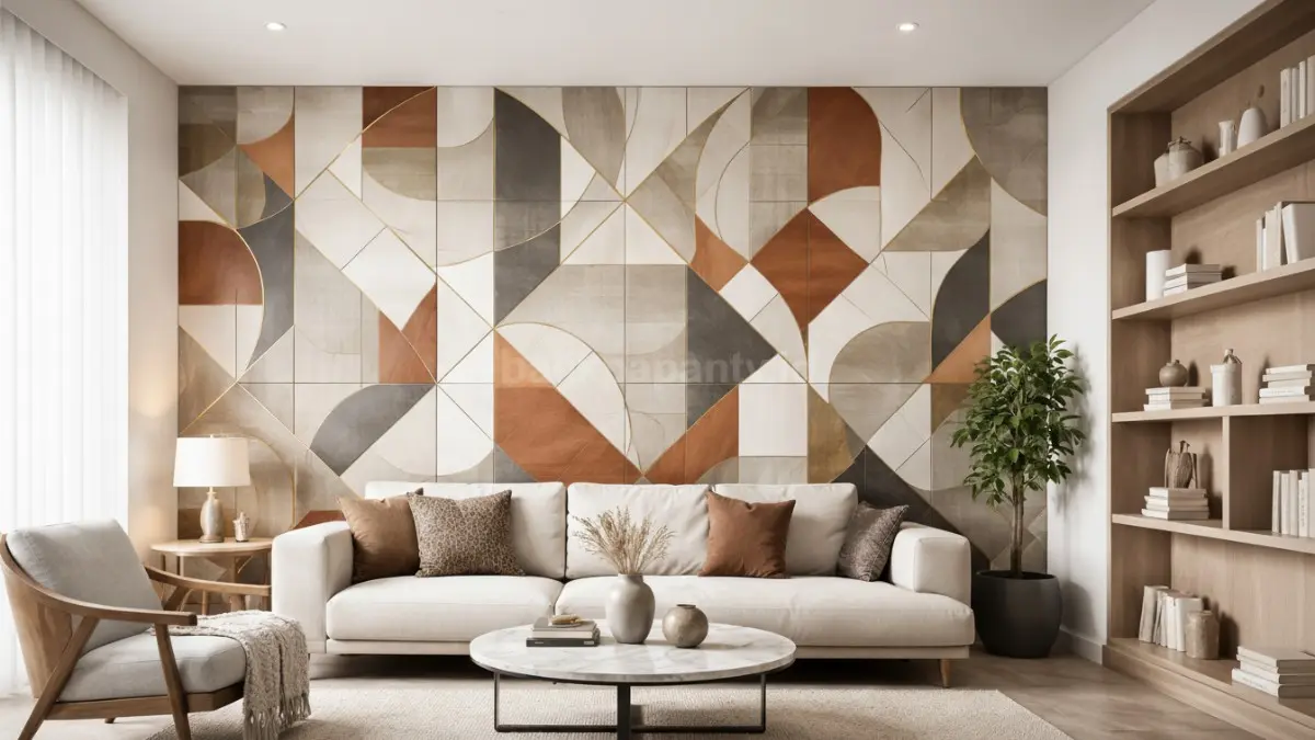 Dinding keramik aksen geometris di ruang tamu rumah minimalis.