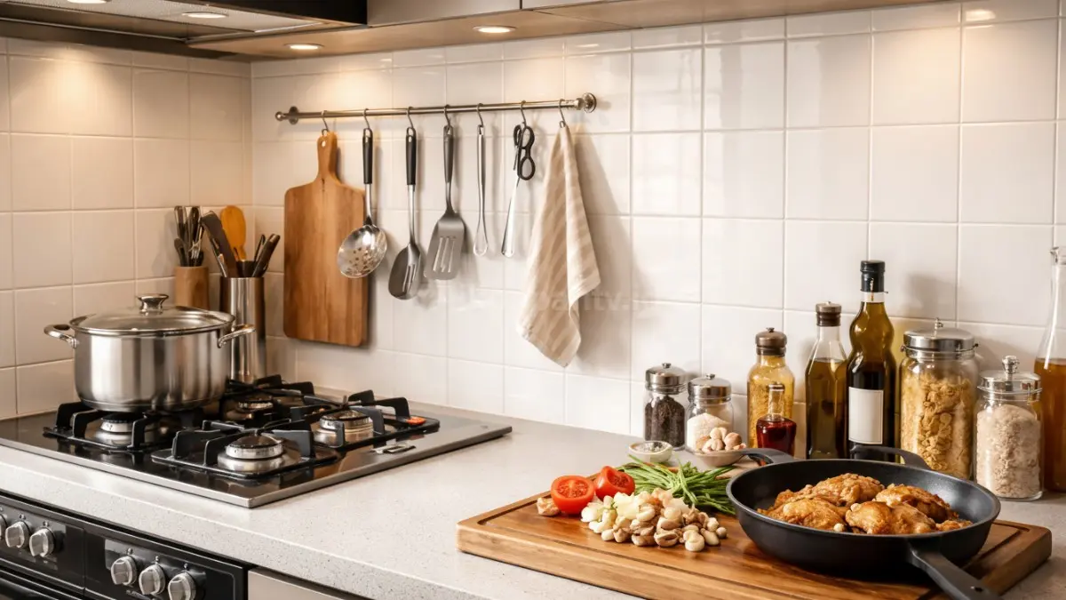 Dinding keramik di dapur rumah minimalis.