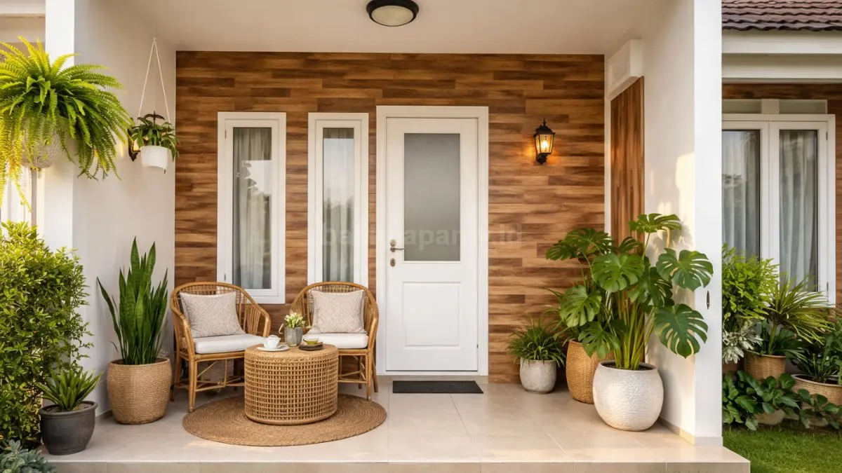 Dinding keramik motif kayu di teras rumah minimalis