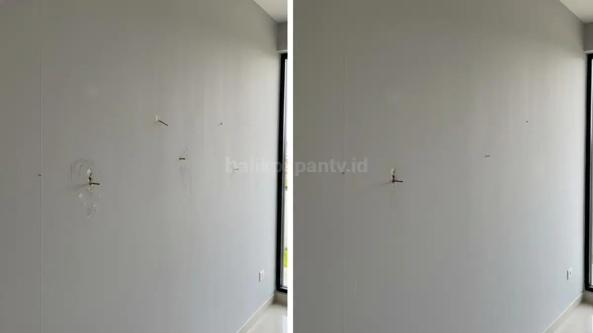 Dinding rumah dengan bekas paku kecil sebelum dan sesudah diperbaiki terlihat halus
