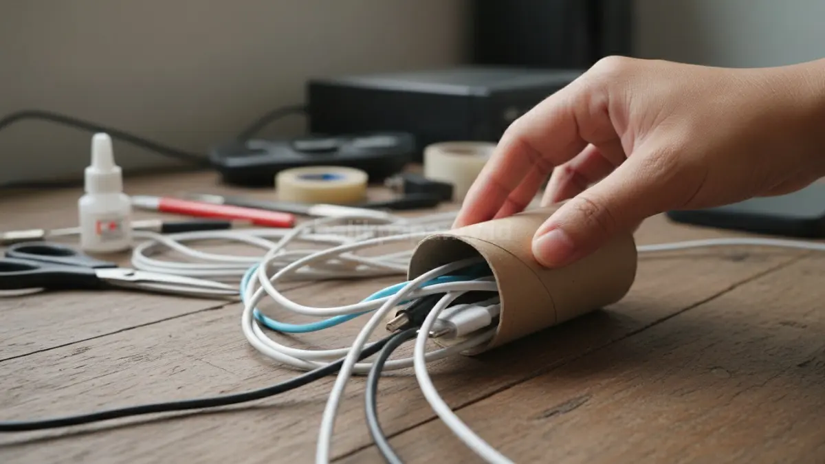  Gulungan karton tisu digunakan untuk merapikan kabel charger