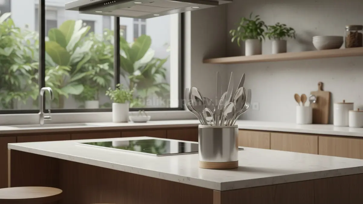 Ilustrasi dapur minimalis dengan tempat sendok modern yang tertata rapi

