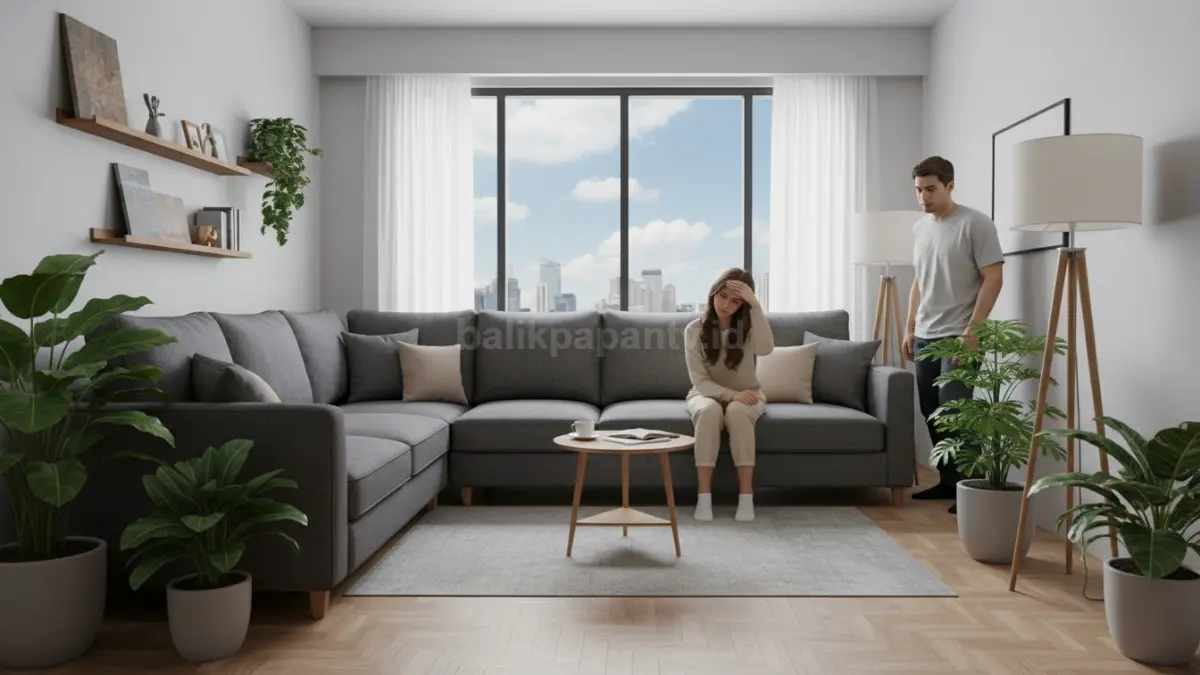 Ilustrasi kesalahan memilih sofa di ruang sempit

