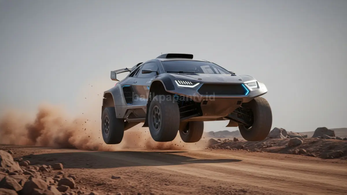 Ilustrasi mobil reli futuristik Esemka di lintasan WRC penuh debu dan tantangan