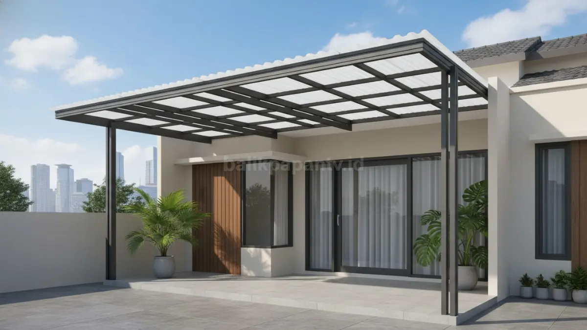 Kanopi modern minimalis dengan kombinasi Alderon Gelombang dan rangka hitam mempertegas tampilan fasad rumah.