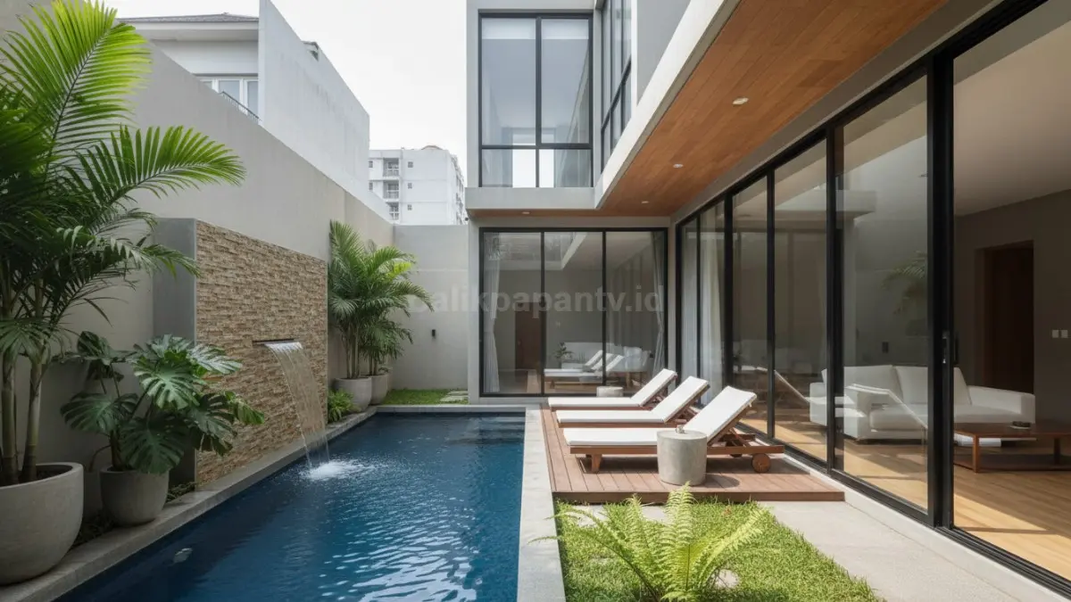 Kolam renang minimalis modern di halaman rumah tropis dengan desain bersih dan estetik