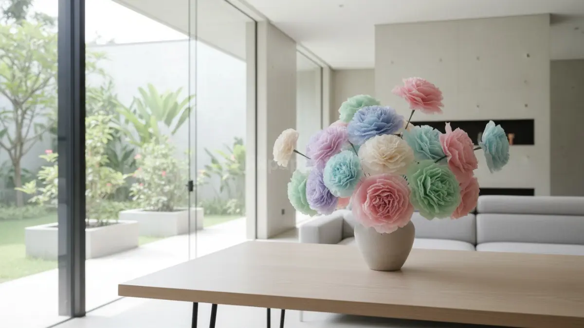 Kreasi bunga tisu warna pastel tersusun rapi di meja minimalis, dekor simpel tapi menarik perhatian
