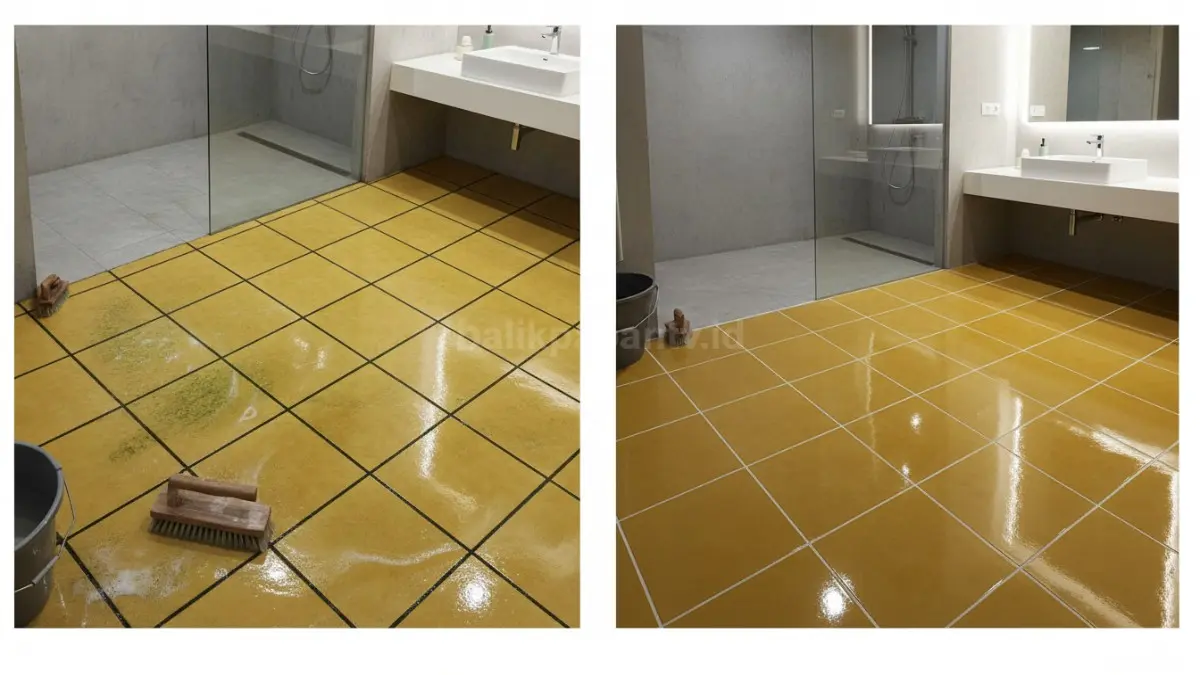 Lantai kamar mandi kuning sebelum dan sesudah dibersihkan, terlihat perubahan signifikan yang menarik perhatian
