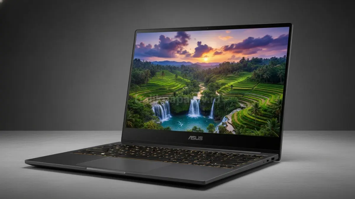 Layar OLED 3K ASUS Zenbook S14 menampilkan warna tajam dan kontras tinggi, cocok untuk editing visual dan menikmati konten hiburan.