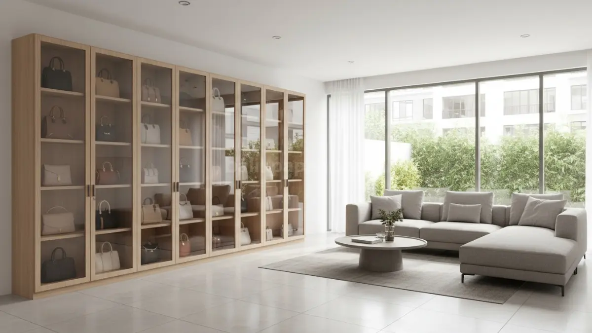 Lemari tas minimalis modern dengan desain rapi, solusi penyimpanan tas agar rumah terlihat bersih dan terorganisir