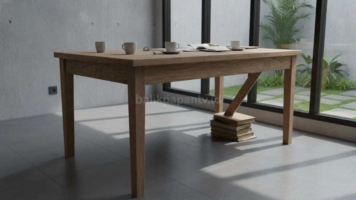 Meja kayu rusak di ruang rumah dengan kaki goyang, ilustrasi kondisi umum furnitur yang perlu diperbaiki segera
