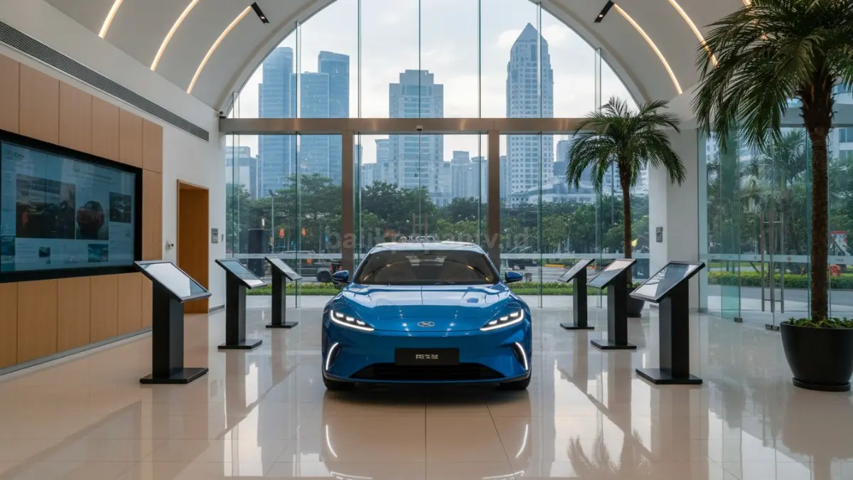Mobil listrik di showroom modern dengan suasana futuristik, menggambarkan tren EV di Indonesia