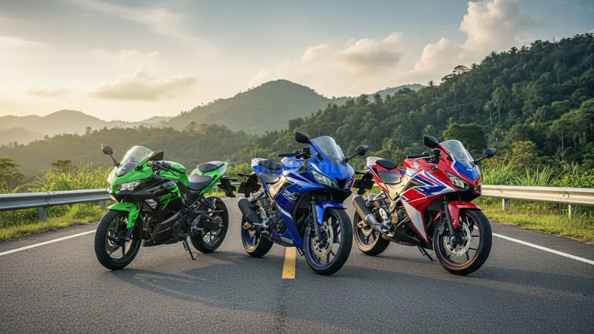 Motor sport 250cc Yamaha R25 berdampingan dengan Ninja 250 dan CBR250RR, menampilkan perbandingan desain dan karakter.