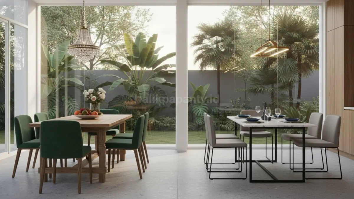 Perbandingan meja makan klasik dan modern dalam satu ruangan