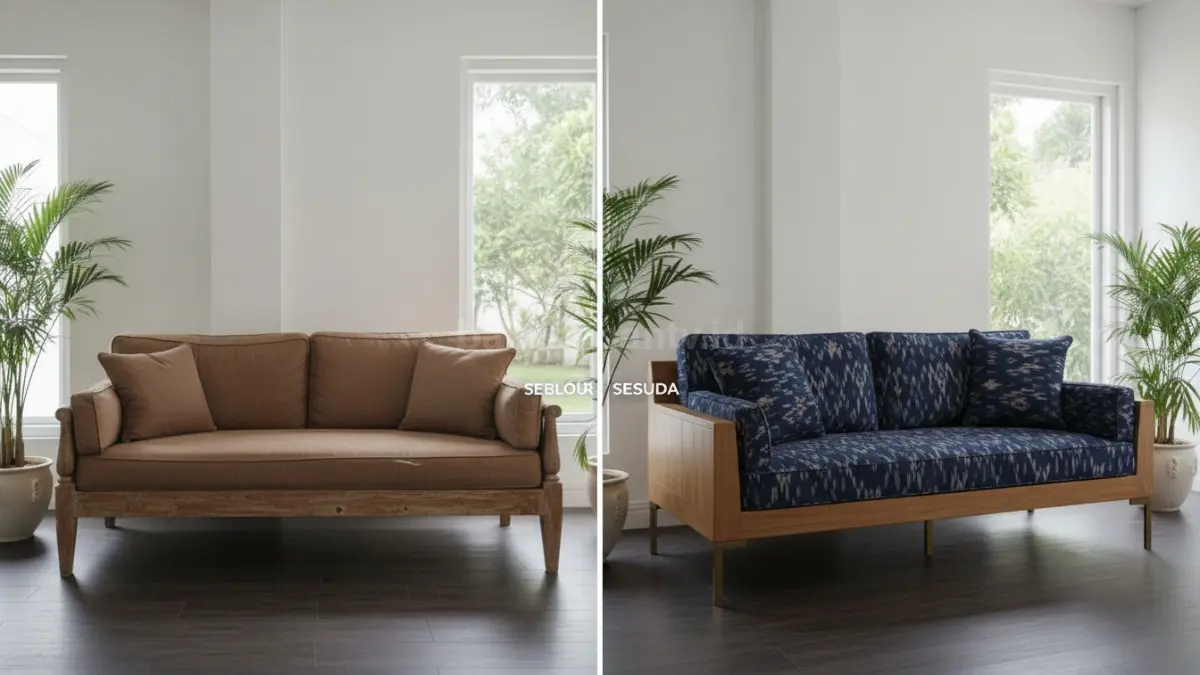 Perbandingan sofa lama dan setelah renovasi dengan cover baru