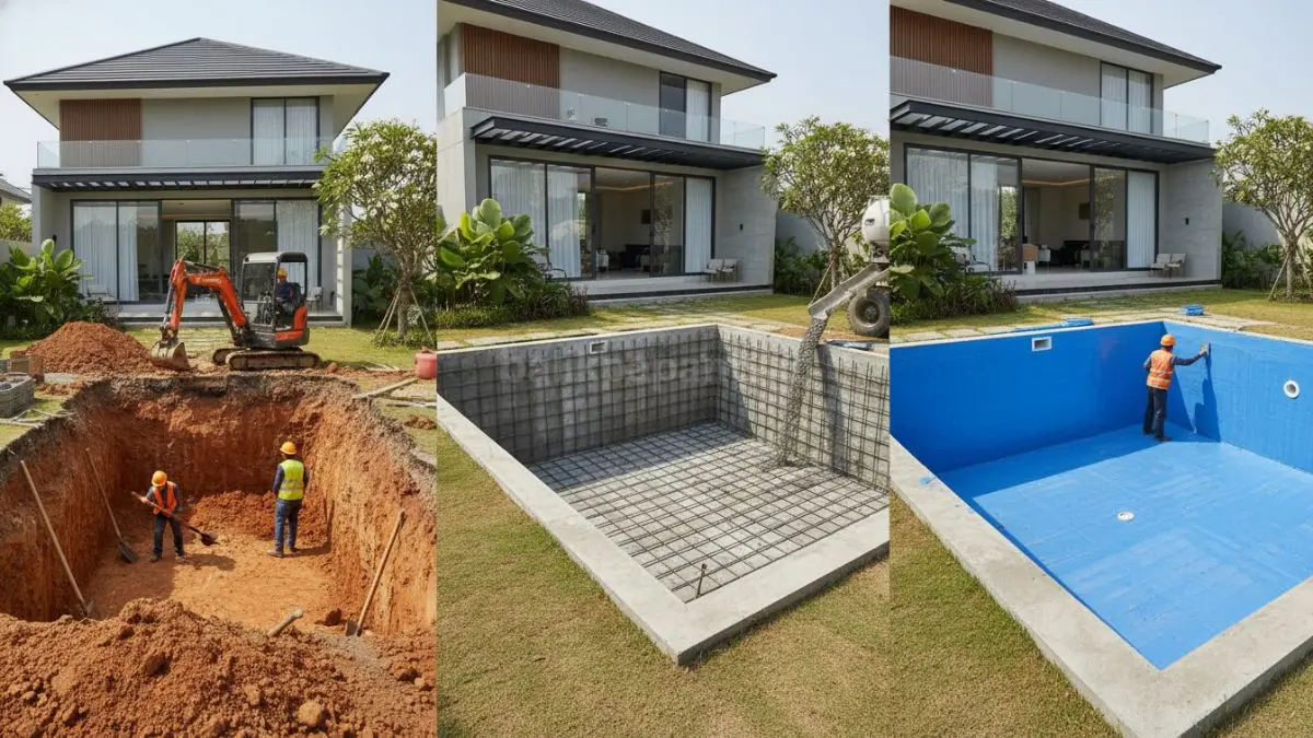 Proses pembangunan kolam renang beton dan finishing keramik modern