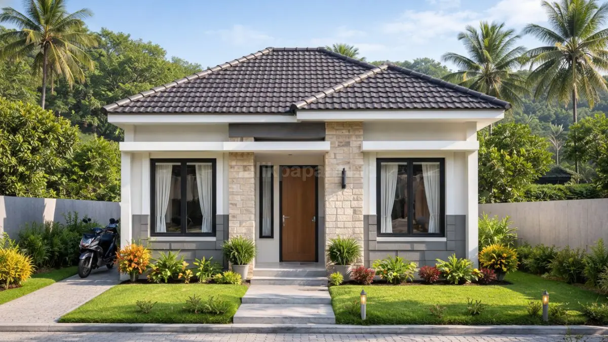 Rumah minimalis di desa dengan kombinasi dinding keramik modern, tampil bersih, estetik, dan nyaman untuk hunian keluarga masa kini.