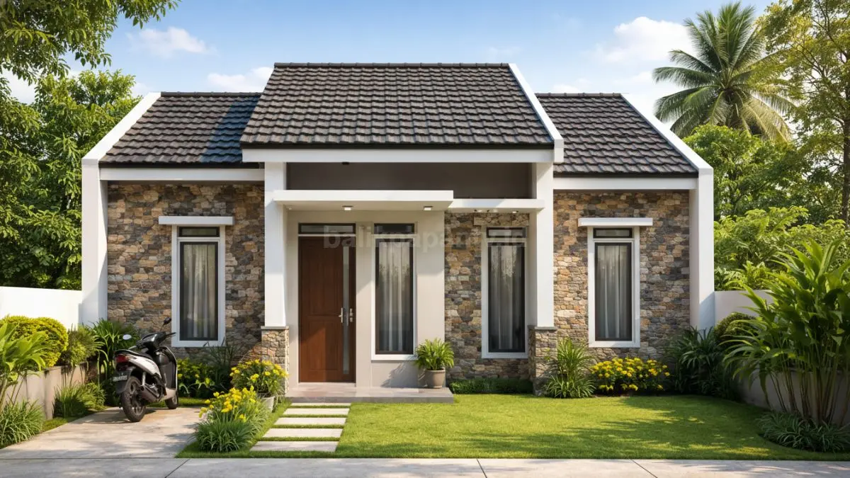 Rumah minimalis dinding keramik motif batu alam.