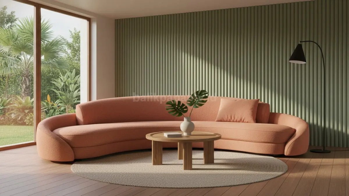 Sofa unik modern dengan desain lengkung di ruang tamu minimalis, bikin suasana langsung beda Cess