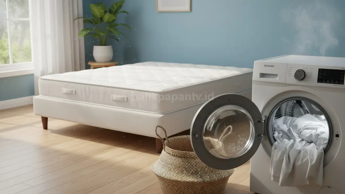 Sprei dan sarung bantal dimasukkan ke mesin cuci dengan pengaturan air panas untuk memastikan kutu mati.