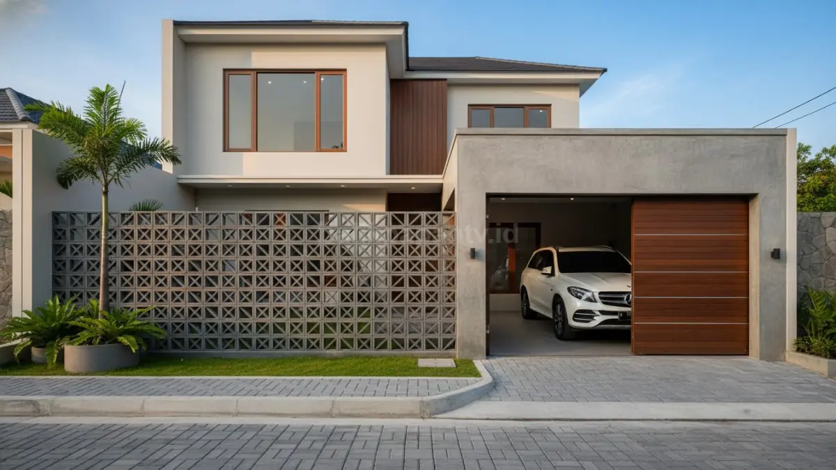 Tampilan fasad rumah minimalis modern dengan kombinasi beton dan roster elegan dan pencahayaan alami