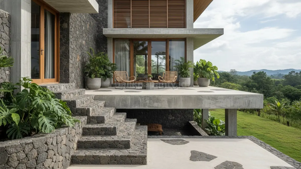 Tangga batu alam dengan struktur beton pada teras elevated