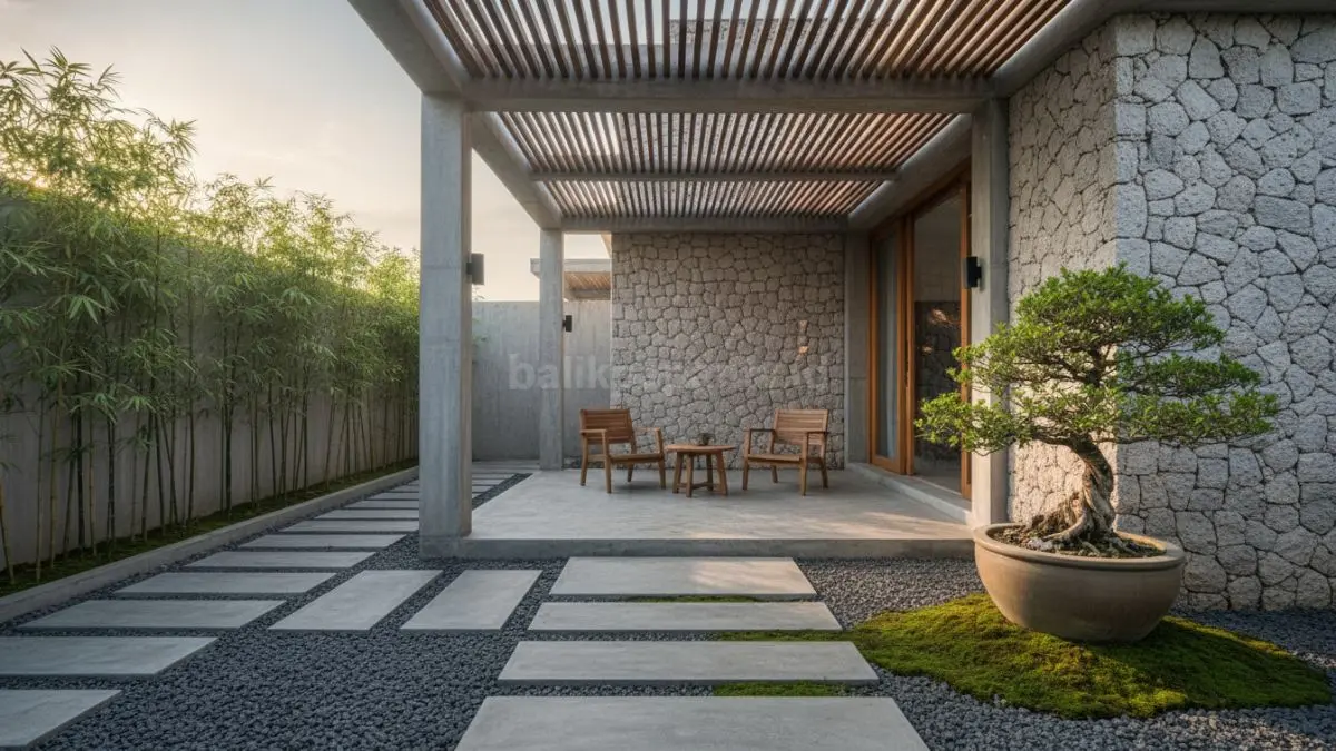 Teras minimalis Jepang dengan batu kerikil dan slab beton 