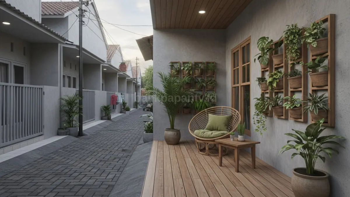 Teras minimalis modern di gang sempit dengan desain bersih, pencahayaan hangat, dan tanaman vertikal estetik