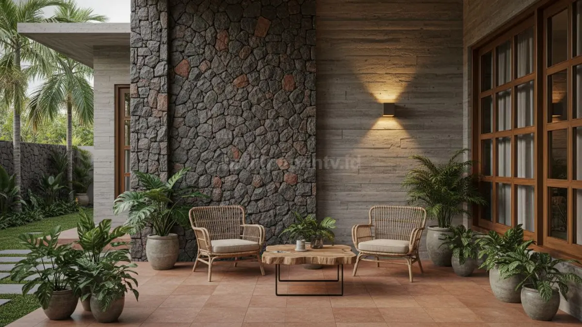 Teras rumah modern dengan kiombinasi batu