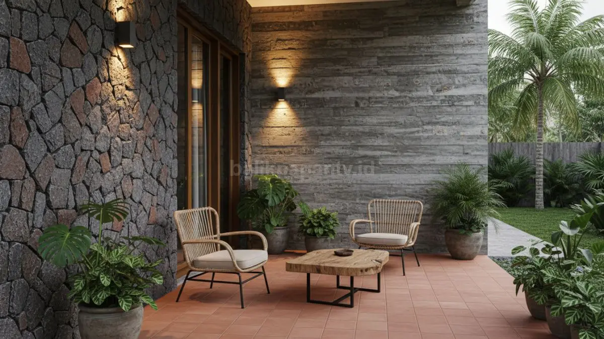 Teras rumah modern dengan kombinasi batu alam dan beton ekspos yang terlihat kokoh dan alami