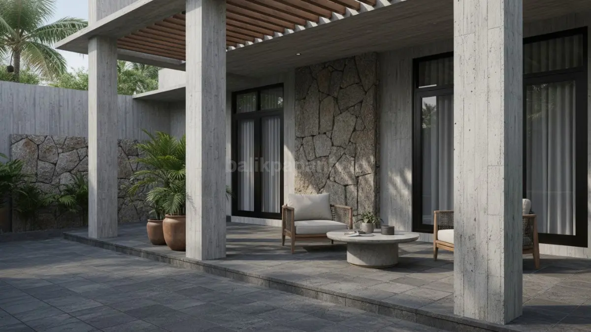 Teras semi outdoor dengan pilar beton ekspos