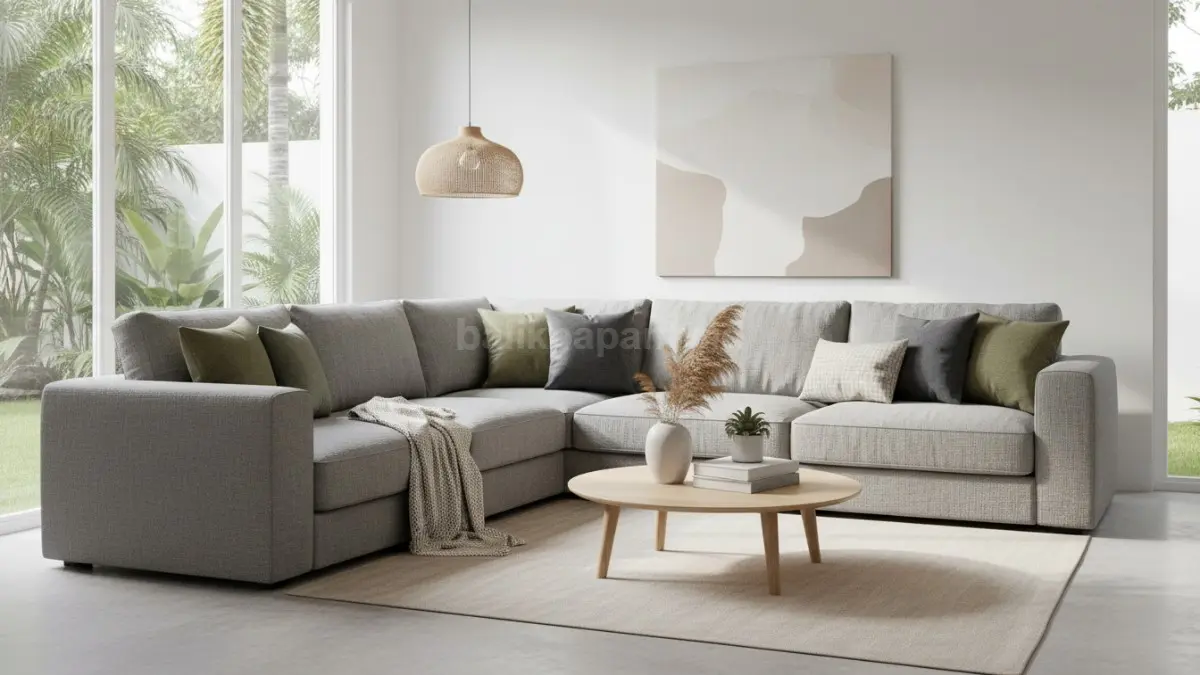 Transformasi sofa lama menjadi tampilan modern dengan sarung baru dan dekorasi minimalis
