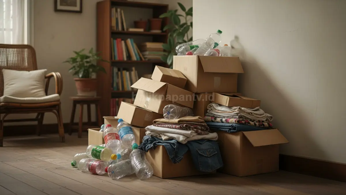 Tumpukan barang bekas seperti kardus, botol plastik, dan kain lama yang masih layak pakai di sudut rumah.