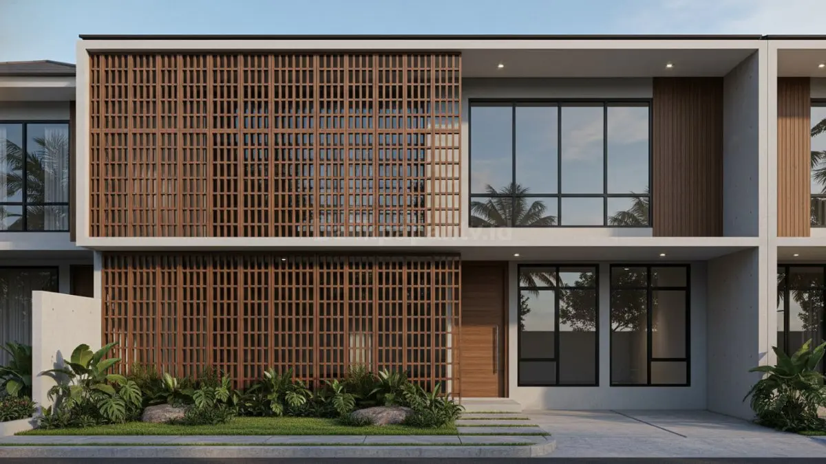 Ventilasi geometris pada fasad rumah modern yang estetik
