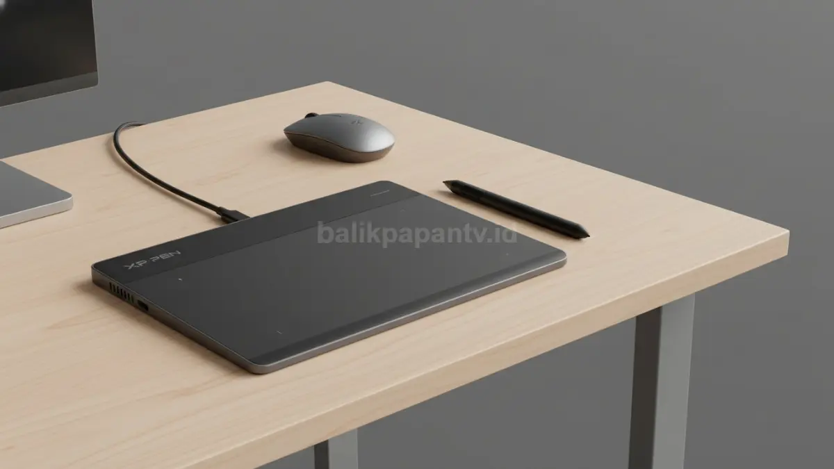 XP-Pen Deco MW dengan stylus X3 Elite di meja kerja minimalis, tampil ringkas dan modern