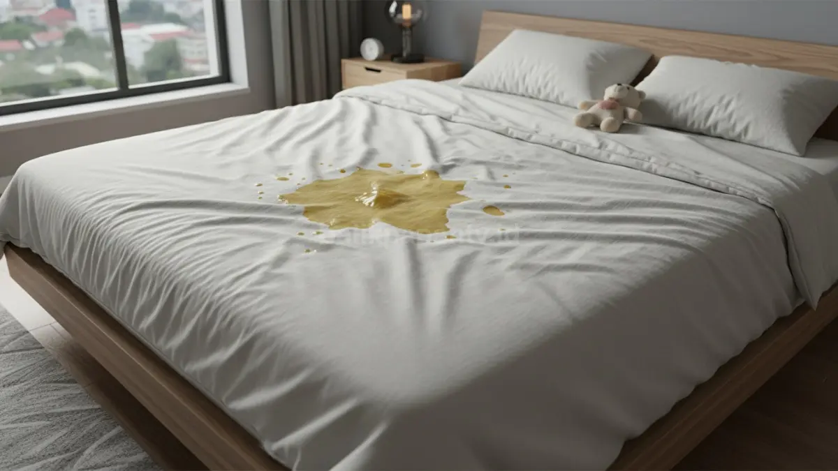 Bed cover dengan noda ompol anak yang perlu segera dibersihkan
