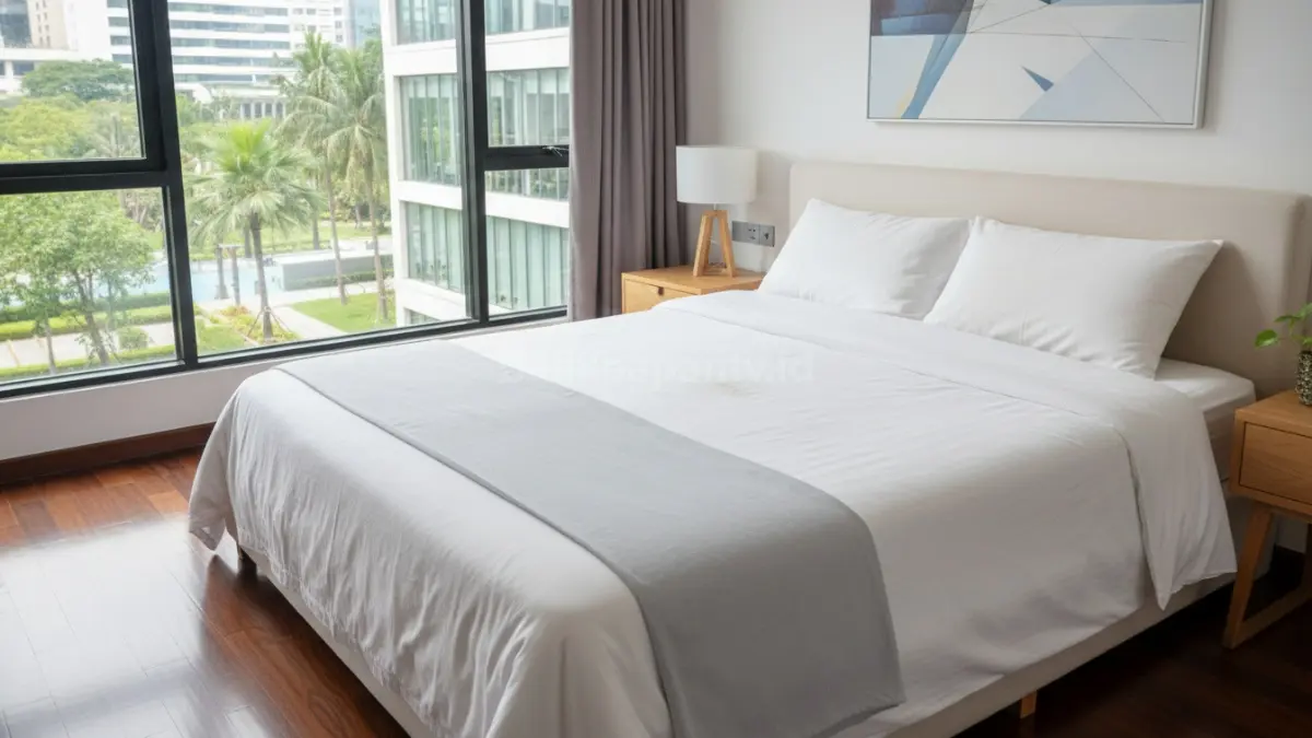 Bed cover yang dicuci bersih setelah terkena ompol anak di kamar tidur rumah modern
