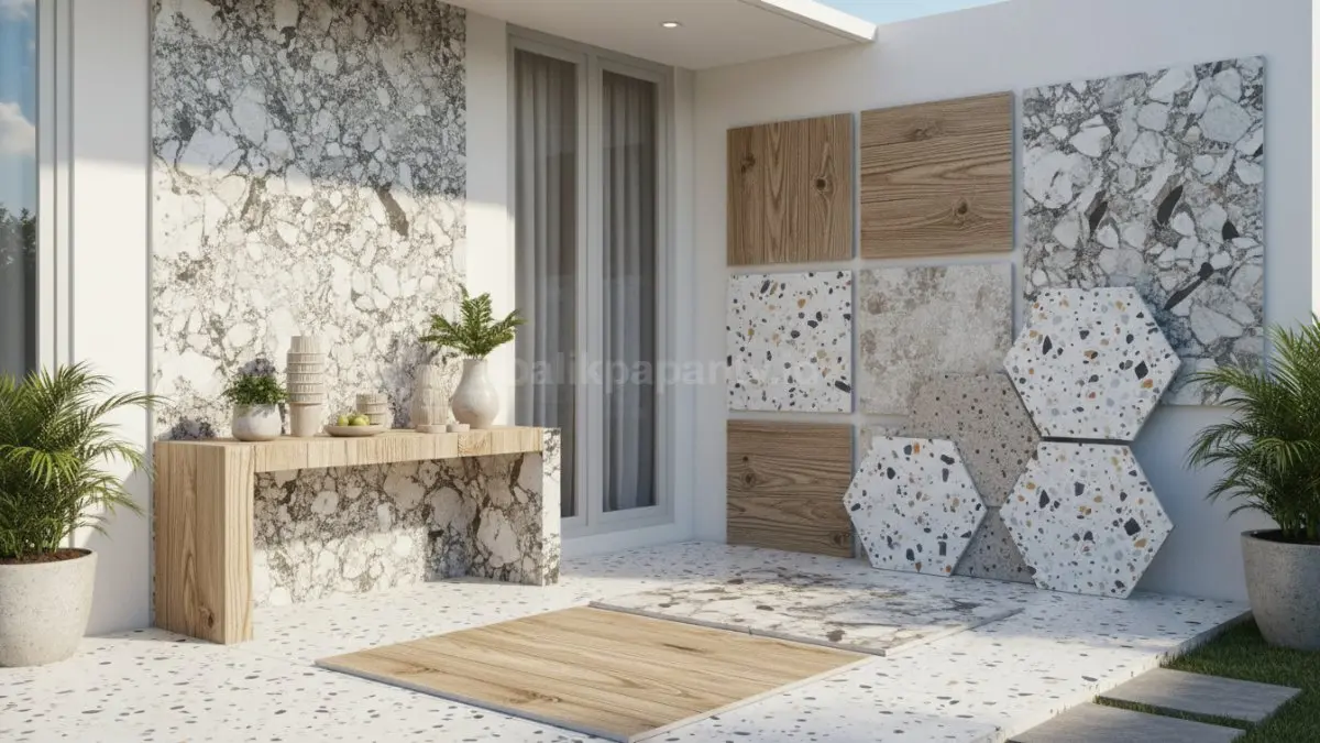Beragam jenis keramik unik dengan motif kayu, batu alam, dan terrazzo.